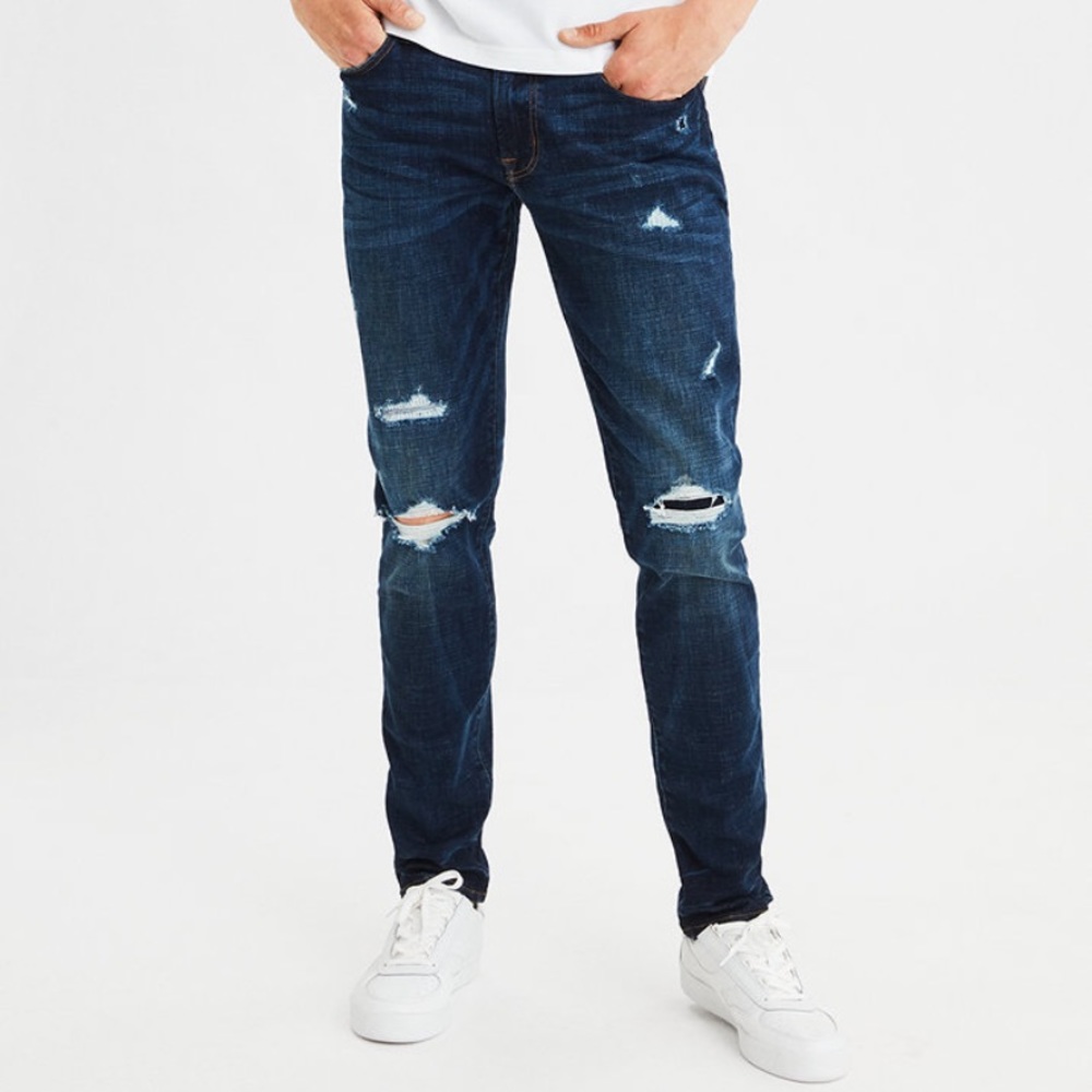 American Eagle Outfitters Men’s Slim Straight Distressed Dark Blue Jeans